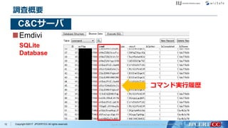 Copyright ©2017 JPCERT/CC All rights reserved.
Emdivi
12
調査概要
C&Cサーバ
SQLite
Database
コマンド実行履歴
 