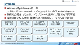 Copyright ©2017 JPCERT/CC All rights reserved.
Windows Sysinternalsの一部
— https://docs.microsoft.com/ja-jp/sysinternals/downloads/sysmon
無償で公開されており、インストール出来れば誰でも利用可能
取得可能になる情報（2017年5月公開のバージョン6.10時点）
62
Sysmon
プロセスの
作成・終了
ファイル作成
日時の変更
ネットワーク
接続
ドライバの
読み込み
イメージの
読み込み
リモート
スレッド作成
ディスクの
RAW読み込み
別プロセスの
メモリ領域
へのアクセス
ファイルの作成
レジストリ
イベント
ファイル
ストリーム
作成
パイプの
作成・接続
WMIの実行
 