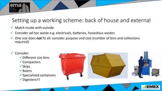  Match inside with outside
 Consider ad hoc waste e.g. electricals, batteries, hazardous wastes
 One size does not fit all: consider purpose and cost (number of bins and collections
required)
 Consider:
Different size bins
Compactors
Skips
Balers
Specialised containers
Digesters!!!
Setting up a working scheme: back of house and external
 