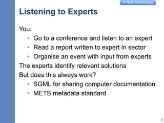 D: NMC Methodology
Listening to Experts
You:
• Go to a conference and listen to an expert
• Read a report written to expert in sector
• Organise an event with input from experts
The experts identify relevant solutions
But does this always work?
• SGML for sharing computer documentation
• METS metadata standard
3
 