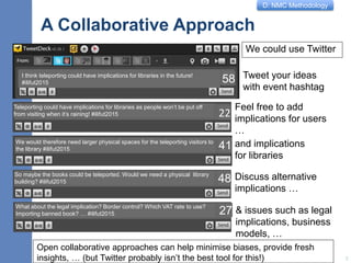 D: NMC Methodology
A Collaborative Approach
We could use Twitter
7
Tweet your ideas
with event hashtag
I think teleporting could have implications for libraries in the future!
#ilifut2015 58
Teleporting could have implications for libraries as people won’t be put off
from visiting when it’s raining! #ilifut2015 22
and implications
for libraries
We would therefore need larger physical spaces for the teleporting visitors to
the library #ilifut2015 41
Discuss alternative
implications …
So maybe the books could be teleported. Would we need a physical library
building? #ilifut2015 48
7
& issues such as legal
implications, business
models, …
What about the legal implication? Border control? Which VAT rate to use?
Importing banned book? … #ilifut2015 27
Feel free to add
implications for users
…
Open collaborative approaches can help minimise biases, provide fresh
insights, … (but Twitter probably isn’t the best tool for this!)
 