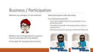 Business / Participation
Welcome my colleague, Dr. Kim Palmore!
Midterm next Thursday (look for a post on
Canvas tomorrow with more details).
Finish Jekyll for Tuesday (if you haven’t).
What participation looks like today:
Four total points possible
◦ Up to two individual points for participation in our
group discussion.
◦ Two points if you talk in the group activity and your
group shares.
◦ Extra bonus point for wearing a turtleneck? Why not!
 