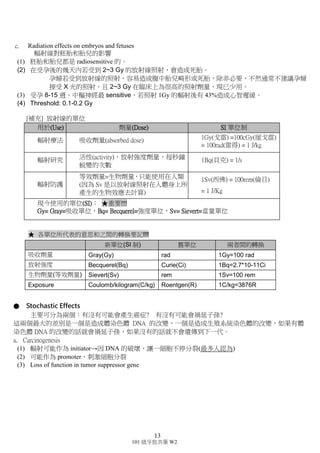 12
101 級牙放共筆 W2
 可能死亡。
[補充] 造血系統症候群(Hematopoieticsyndrome)：全身性輻射照射約 2-7Gy 會傷害骨髓內的造血幹細胞 和脾臟，
因為他們的高分裂能力與分化能力而對放射線特別敏感。在這範圍下的 x 光劑量，會導致循 環顆粒細胞、血小板、
及紅血球量大幅下降(rapidfall)，減少速度和血球壽命有關(顆粒性球壽命短， 數天會下降；紅血球壽命較長，下降
較慢)。臨床上的症狀包括感染(infection),出血(hemorrhage)和 貧血(anemia)，若是因造血系統症候群死亡，通常
發生在接受放射線照射後 10-30 天內。
(4) 腸胃道症候群(gastrointestinalsyndrome)
 7-15 Gy
 傷害腸胃道黏膜。
 劑量更高時會對腸胃道產生影響，因為腸胃道細胞一直分裂，因此對放射線敏感。當這種狀況
時會容易拉肚子，腸胃道的吸收力變差，體重減輕、流失電解質、腸胃道細菌可能侵入體內造
成敗血，且因為免疫力低落，死亡率更高。
(5) 心血管與中樞神經系統症候群(CVA&CNS syndrome)
 >50 Gy
 die in 1-2 days 1~2 天內死亡。
 當輻射暴露達 50 Gy 時，受害者會在 1-2 天內死亡。少數受到如此高輻射暴露的人在死亡前幾小
時會呈現循環系統崩解(collapse of circulatory system)以及血壓急速下降(precipitous fall in blood
pressure)，也會有心肌壞死的現象。受害者也會呈現神經系統廣泛被破壞造成的間斷的恍惚、不
協調且沒有方向感、抽搐現象。
*Essential table 4-1 接受全身大劑量輻射暴露的急性效應統整
劑量 全身影響
0.25Sv 無。
0.25-1.0Sv 輕微的血液改變，例如白血球數量減少。
1-2 Sv 三小時內會嘔吐、疲倦、食慾下降、血液改變。會在幾個星期內恢復。
2-6 Sv 兩小時內會嘔吐、嚴重的血液改變、兩星期內會掉髮，一個月到一年
能恢復 70%。
6-10 Sv 一小時內會嘔吐、腸受到傷害、嚴重的血液改變、兩星期內有 80-100%
會死亡。
>10 Sv 腦死、昏迷、死亡。
b. late effects 慢性輻射症狀(幾年以上)
(1) 發育遲緩及發展有問題，越年輕時受到照射越明顯。
(2) cataracts 白內障：原因來自熱輻射，眼睛的蛋白質變性凝固而發生，但這是比較晚期才會發生的事
情。
(3) 從每次給予單劑量 0.6Gy 至 5Gy 超過數週。
(4) 平均壽命縮短 4 個月左右。
c. Radiation effects on embryos and fetuses 輻射線對胚胎和胎兒的影響
(1) 胚胎和胎兒都是 radiosensitive 的。
 