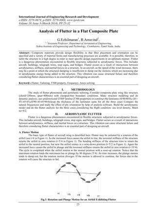 International Journal of Engineering Research and Development
e-ISSN: 2278-067X, p-ISSN: 2278-800X, www.ijerd.com
Volume 10, Issue 3 (March 2014), PP.25-32
25
Analysis of Flutter in a Flat Composite Plate
G.Ezhilmaran1
, R.Arravind2
,
1, 2
Assistant Professor, Departmet of Aeronautical Engineering,
Nehru Institute of Engineering and Technology, Coimbatore, Tamil Nadu, India.
Abstract:- Composite materials provide design flexibility in that fiber placement and orientation can be
specified and a variety of material forms and manufacturing processes are available. It is possible, therefore, to
tailor the structure to a high degree in order to meet specific design requirements in an optimum manner. Flutter
is a dangerous phenomenon encountered in flexible structures subjected to aerodynamic forces. This includes
aircraft, buildings, telegraph wires, stop signs, and bridges. Flutter occurs as a result of interactions between
aerodynamics, stiffness, and inertial forces on a structure. In an aircraft, as the speed of the wind increases, there
may be a point at which the structural damping is insufficient to damp out the motions which are increasing due
to aerodynamic energy being added to the structure. This vibration can cause structural failure and therefore
considering flutter characteristics is an essential part of designing an aircraft.
Keyword:- Flutter, Tailoring, T300 property, Frequency, Ansys solving
I. METHODOLOGY
The study of flutter phenomena and aeroelastic tailoring, Consider composite plate wing like structure
(chord=250mm, span=400mm) with clamped-free boundary conditions. Make structure modeling and do
dynamic analysis; use unidirectional CFRP lamina (T300 properties) to construct the laminates (0/90/90/0), (45/-
45/-45/45),(0/90/-45/45/90/0);keep the thickness of the laminates same for all the three cases Compare the
natural frequencies and study the effect of ply orientation by help of analysis software. Build the aerodynamic
model and do the flutter analysis for the three cases considering the flight condition: sea level density, Mach
no=0.2.
II. AERODYNAMIC FLUTTER
Flutter is a dangerous phenomenon encountered in flexible structures subjected to aerodynamic forces.
This includes aircraft, buildings, telegraph wires, stop signs, and bridges. Flutter occurs as a result of interactions
between aerodynamics, stiffness, and inertial forces on a structure. This vibration can cause structural failure and
therefore considering flutter characteristics is an essential part of designing an aircraft.
A. Flutter Motion
The basic type of flutter of aircraft wing is described here. Flutter may be initiated by a rotation of the
airfoil (see t=0 in Figure 1). As the increased force causes the airfoil to rise, the torsional stiffness of the structure
returns the airfoil to zero rotation (t=T/4 in Figure 1). The bending stiffness of the structure tries to return the
airfoil to the neutral position, but now the airfoil rotates in a nose-down position (t=T/2 in Figure 1). Again the
increased force causes the airfoil to plunge and the torsional stiffness returns the airfoil to zero rotation (t=3T/4).
The cycle is completed when the airfoil returns to the neutral position with a nose-up rotation. Notice that the
maximum rotation leads the maximum rise or plunge by 90 degrees (T/4). As time increases, the plunge motion
tends to damp out, but the rotation motion diverges. If the motion is allowed to continue, the forces due to the
rotation will cause the structure to fail.
Fig.1: Rotation and Plunge Motion for an Airfoil Exhibiting Flutter
 