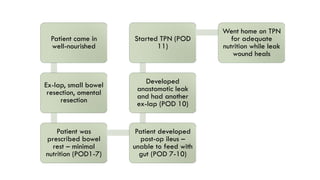 Patient came in
well-nourished
Ex-lap, small bowel
resection, omental
resection
Patient was
prescribed bowel
rest – minimal
nutrition (POD1-7)
Patient developed
post-op ileus –
unable to feed with
gut (POD 7-10)
Developed
anastomotic leak
and had another
ex-lap (POD 10)
Started TPN (POD
11)
Went home on TPN
for adequate
nutrition while leak
wound heals
 