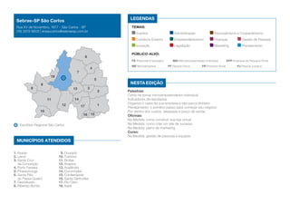 2 
1 
3 
4 
5 
6 
7 
8 
9 
10 
11 
12 
14 
16 15 
18 
17 
13 
Escritório Regional São Carlos 
MUNICÍPIOS ATENDIDOS 
1. Araras 
2. Leme 
3. Santa Cruz 
da Conceição 
4. Porto Ferreira 
5. Pirassununga 
6. Santa Rita 
do Passa Quatro 
7. Descalvado 
8. Ribeirão Bonito 
9. Dourado 
10. Torrinha 
11. Brotas 
12. Itirapina 
13. Analândia 
14. Corumbataí 
15. Cordeirópolis 
16. Santa Gertrudes 
17. Rio Claro 
18. Ibaté 
LEGENDAS 
TEMAS: 
Eventos Administração Associativismo e Cooperativismo 
Comércio Exterior Empreendedorismo Finanças Gestão de Pessoas 
Inovação Legislação Marketing Planejamento 
Público-alvo: 
PE Potencial Empresário MEI Microempreendedor Individual EPP Empresa de Pequeno Porte 
ME Microempresa PF Pessoa Física PR Produtor Rural PJ Pessoa Jurídica 
Nesta edição 
Palestras: 
Como se tornar microempreendedor individual 
Indicadores de resultados 
Organize o caixa da sua empresa e não perca dinheiro 
Planejamento: o primeiro passo para começar seu negócio 
Por dentro dos custos, despesas e preço de venda 
Oficinas: 
Na Medida: como construir sua loja virtual 
Na Medida: como criar um site de sucesso 
Na Medida: plano de marketing 
Curso: 
Na Medida: gestão de pessoas e equipes 
Sebrae-SP São Carlos 
Rua XV de Novembro, 1677 - São Carlos - SP 
(16) 3372-9503 | ersaocarlos@sebraesp.com.br 
 