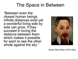 The Space in Between
“Between even the
closest human beings
infinite distances exist yet
a wonderful living side by
side can grow, if they
succeed in loving the
distance between them
which makes it possible
for each to see the other
whole against the sky.”
                               Rainer Maria Rilke (1875-1926)
 