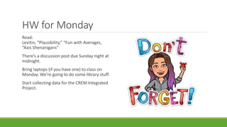 HW for Monday
Read:
Levitin, “Plausibility,” “Fun with Averages,
“Axis Shenanigans”
There’s a discussion post due Sunday night at
midnight.
Bring laptops (if you have one) to class on
Monday. We’re going to do some library stuff.
Start collecting data for the CREM Integrated
Project.
 