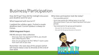 Business/Participation
How did P2 go? How did the midnight discussion
post deadline work for you?
What happened with Journal 3?
I updated the syllabus again. Pushed a couple
deadlines back. Current syllabus is always on
Canvas.
CREM Integrated Project:
HW #6 and your data collection.
◦ Once you have my approval of HW 6, you should
start collecting your data.
◦ How are you going to do this? When? I want a plan
from each one of you now.
Remember: the next step of this project (which
will require data) is due to Amanda at the end of
next week.
What does participation look like today?
◦ Four possible points!
◦ Up to two points for talking twice in our full
discussion (even if you are reporting back from your
group).
◦ Two total points for group participation:
◦ One point for the first journal activity.
◦ One point for the group discussion of Journal 3.
 