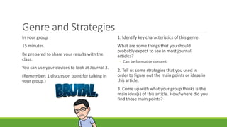 Genre and Strategies
In your group
15 minutes.
Be prepared to share your results with the
class.
You can use your devices to look at Journal 3.
(Remember: 1 discussion point for talking in
your group.)
1. Identify key characteristics of this genre:
What are some things that you should
probably expect to see in most journal
articles?
◦ Can be format or content.
2. Tell us some strategies that you used in
order to figure out the main points or ideas in
this article.
3. Come up with what your group thinks is the
main idea(s) of this article. How/where did you
find those main points?
 