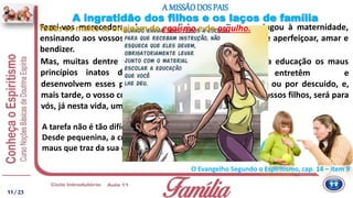 A ingratidão dos filhos e os laços de família
A MISSÃODOS PAIS
Fazei-vos merecedoras dos gozos divinos que Deus conjugou à maternidade,
ensinando aos vossos filhos que eles estão na Terra para se aperfeiçoar, amar e
bendizer.
Mas, muitas dentre vós, em vez de eliminar por meio da educação os maus
princípios inatos de existências anteriores, entretêm e
desenvolvem esses princípios, por uma culposa fraqueza, ou por descuido, e,
mais tarde, o vosso coração, ulcerado pela ingratidão dos vossos filhos, será para
vós, já nesta vida, um começo de expiação.
A tarefa não é tão difícil quanto vos possa parecer.
Desde pequenina, a criança manifesta os instintos bons ou
maus que traz da sua existência anterior.
Todos os males se originam do egoísmo e do orgulho.
O Evangelho Segundo o Espiritismo, cap. 14 – item 9
11/ 23
 