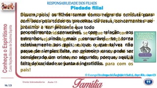 Devem, pois, os filhos tomar como regra de conduta para
com seus pais todos os preceitos de Jesus, concernentes ao
próximo e ter presente que todo
Alguns pais, é certo, descuram de seus deveres e não são para
os filhos o que deviam ser; mas, a Deus é que compete puni-
los e não a seus filhos. [...].
RESPONSABILIDADEDOS FILHOS
Piedade filial
O Evangelho Segundo o Espiritismo, cap. 14 – item 3
Se a lei da caridade manda se pague o mal com o
bem, se seja indulgente para as imperfeições de
outrem, se não diga mal do próximo, se lhe
esqueçam e perdoem os agravos, se ame até os
inimigos, quão maiores não hão de ser essas
obrigações, em se tratando de filhos para com os
pais!
procedimento censurável, com relação aos
estranhos, ainda mais censurável se torna
relativamente aos pais; e que o que talvez não
passe de simples falta, no primeiro caso, pode ser
considerado um crime, no segundo, porque, aqui, à
falta de caridade se junta a ingratidão.
Joanna de Ângelis – S.O.S. Família, cap. 23
16/ 23
 