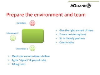 Prepare the environment and team
• Give the right amount of time
• Ensure no interruptions
• Sit in friendly positions
• Comfy chairs
• Meet your co-interviewers before
• Agree ”signals” & ground rules
• Taking turns
Interviewer 1
Interviewer 2
Candidate
 