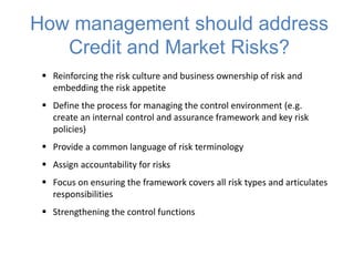 How management should address
Credit and Market Risks?
 Reinforcing the risk culture and business ownership of risk and
embedding the risk appetite
 Define the process for managing the control environment (e.g.
create an internal control and assurance framework and key risk
policies)
 Provide a common language of risk terminology
 Assign accountability for risks
 Focus on ensuring the framework covers all risk types and articulates
responsibilities
 Strengthening the control functions
 