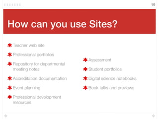 How can you use Sites?
Teacher web site
Professional portfolios
Repository for departmental
meeting notes
Accreditation documentation
Event planning
Professional development
resources
Assessment
Student portfolios
Digital science notebooks
Book talks and previews
19
 