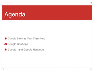 Agenda
Google Sites as Your Class Hub
Google GeoApps
Google+ and Google Hangouts
4
 