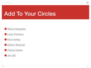 67
Add To Your Circles
Steve Hargadon
Larry Ferlazzo
Kern Kelley
Esther Wojcicki
Cheryl Oakes
Jim Sill
 
