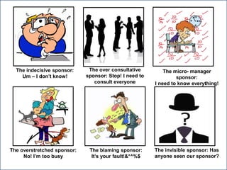 The indecisive sponsor:
Um – I don’t know!
The over consultative
sponsor: Stop! I need to
consult everyone
The micro- manager
sponsor:
I need to know everything!
The overstretched sponsor:
No! I’m too busy
The blaming sponsor:
It’s your fault!&*^%$
The invisible sponsor: Has
anyone seen our sponsor?
 