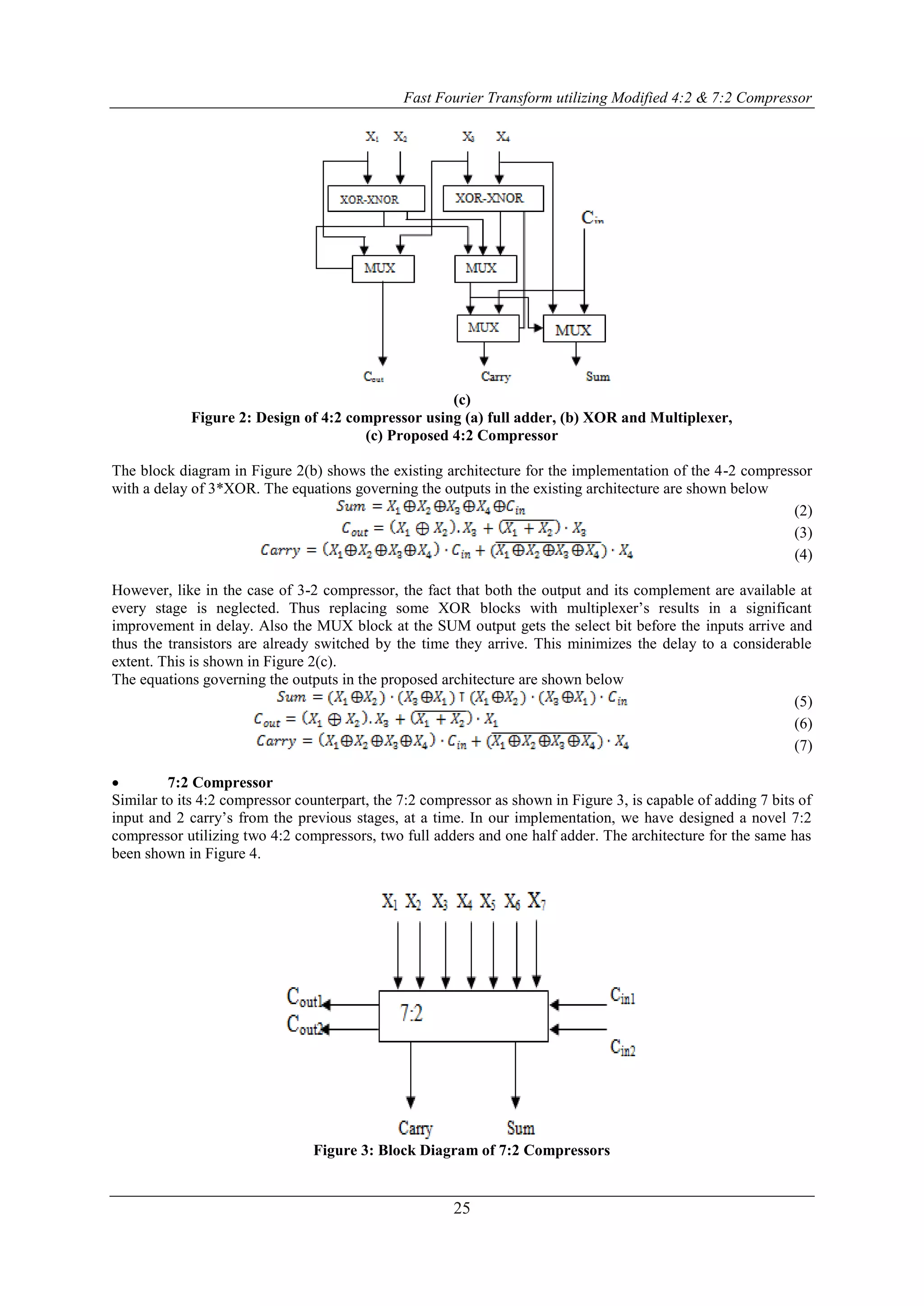 Fast Fourier Transform utilizing Modified 4:2 & 7:2 Compressor
25
(c)
Figure 2: Design of 4:2 compressor using (a) full adder, (b) XOR and Multiplexer,
(c) Proposed 4:2 Compressor
The block diagram in Figure 2(b) shows the existing architecture for the implementation of the 4-2 compressor
with a delay of 3*XOR. The equations governing the outputs in the existing architecture are shown below
(2)
(3)
(4)
However, like in the case of 3-2 compressor, the fact that both the output and its complement are available at
every stage is neglected. Thus replacing some XOR blocks with multiplexer’s results in a significant
improvement in delay. Also the MUX block at the SUM output gets the select bit before the inputs arrive and
thus the transistors are already switched by the time they arrive. This minimizes the delay to a considerable
extent. This is shown in Figure 2(c).
The equations governing the outputs in the proposed architecture are shown below
(5)
(6)
(7)
 7:2 Compressor
Similar to its 4:2 compressor counterpart, the 7:2 compressor as shown in Figure 3, is capable of adding 7 bits of
input and 2 carry’s from the previous stages, at a time. In our implementation, we have designed a novel 7:2
compressor utilizing two 4:2 compressors, two full adders and one half adder. The architecture for the same has
been shown in Figure 4.
Figure 3: Block Diagram of 7:2 Compressors
 