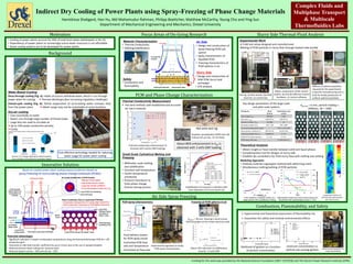 Indirect Dry Cooling of Power Plants using Spray-Freezing of Phase Change Materials
Hamidreza Shabgard, Han Hu, Md Mahamudur Rahman, Philipp Boettcher, Matthew McCarthy, Young Cho and Ying Sun
Department of Mechanical Engineering and Mechanics, Drexel University
Complex Fluids and
Multiphase Transport
& Multiscale
Thermofluidics Labs
Background
• Cooling of power plants account for 40% of total fresh water withdrawals in the US
• Dependency of power plants to increasingly scarce water resources is not affordable
• Novel cooling systems are to be developed for power plants
Closed-cycle cooling (Fig. b): Partial evaporation of recirculating water removes heat
from the power plant.  Water usage may not be sustainable at some locations
Motivation
Once-through cooling (Fig. a): intake structures withdraw water, which is run through
power plant for cooling.  Thermal discharges face increasing regulatory challenges
(b) Commonwealth Edison’s Byron Nuclear Plant, IL
(http://commons.wikimedia.org/wiki/File:Byron_IL_Byron_Nuclear_Generating_Station_2.jpg)
(a) Encina Power Plant, CA
(http://www.kpbs.org/news/2012/apr/19/power-plant-replace-
encina-needed-future-reliabili/)
Array of Air Cooled Condensers
(http://www.hudsonproducts.com/products/stacflo/tech.html)
Dry-air cooling
• Uses essentially no water
• Steam runs through large number of finned-tubes
• Large fans are used to circulate air
 Up to 10% power production penalty
 Costly
Water-Based Cooling
Source: U.S. Energy Information Administration,
Form EIA-860, Annual Electric Generator Report
Cost effective technology needed for reducing
water usage for power plant cooling
Funding for this work was provided by the National Science Foundation (CBET-1357918) and The Electric Power Research Institute (EPRI).
Innovative Solution
Focus Areas of On-Going Research Slurry Side Thermal-Fluid Analysis
Experimental Work
Test rig: (a) Test section, (b) PCM
reservoir, (c) control box
(a)
(b)
(c)
Outer Dimension:
2 m x 1.5 m x 0.6 m
Major components of the control
system; (a) and (b) DAQ and control
hardware, (c) control software
(b)
(a)
(c)
t = 0.5 s t = 1.5 s t = 2.0 s t = 2.5 s
Parameter Real
System
Scaled-down sub
system
Power load, Ptotal 700 MW 5 kW
Heat flux, Jtotal 2,000 W/m2 2500 W/m2
Number of tubes, Ntube 345,000 36
Reynolds number, ReD 450-1,100 300-1,000
Test section dimensions (mm) - 199.31191244
Heat transfer coefficient, h 200 W/m2K 250 W/m2K
Total heat transfer area, At 350,000 m2 0.7 m2
Solid PCM volume fraction 0.1-0.4 0.1-0.4
PCM slurry flow rate - 0.168-0.569 L/s
A 5 kW test setup designed and manufactured
Melting of PCM particles in slurry flow through heated tube bundle
Key design parameters of the large-scale
and pilot-scale systems
dparticle = 6 mm, particle loading 
2000/sec, Re = 1000
Theoretical Analysis
• Obtain insight on heat transfer between solid and liquid phases
• Complementary tool for designs of slurry-side
• Establish Nu correlations for PCM slurry flow with melting and settling
0
5
10
15
20
25
0.01 0.1 1 10 100
Re
t* = t/(d/Umax)
Gan et al. (2003)
Current simulation
temperature field for 50
particles with sedimentation
(6% solid fraction)
T
Wall Nusselt number and solid volume fraction for
28 particles with sedimentation (solid Vf = 6%)
Time variations of settling velocity of a
single particle with simultaneous melting
Combustion, Flammability, and Safety
Eicosane
280 μm particles
c = 0.1262 kg/m3
Experimental apparatus to
study flammability
• Experimental and theoretical assessment of flammability risk
• Guarantee the safety and minimal environmental effects
5 mm PCM
particles
• Millions of spherical particles
required for the experiments
• A particle manufacturing unit is
built for timely production of
uniform spherical particles
PCM and Phase Change Characterization
Thermal Conductivity Measurement
Novel air-cooled power plant cooling tower/condenser based on
spray-freezing of recirculating phase change materials (PCMs)
20 30 40 50 60
0.0
0.2
0.4
0.6
0.8
1.0
Effectivethermalconductivity,keff
(W/mK)
Temperature, TPCM
(o
C)
Solid Liquid
0 1.5wt% 3.0wt%
Solid
Liquid
• Hot wire method; well established and accurate
for low k material
1μm
Graphite nanoplatelets (GNP) from XG
Science (25 μm dia., 15 nm thick)
Thermal conductivity enhancement of
eicosane with various GNP loadings
Hot wire test rig
About 80% enhancement in keff is
obtained with 3 wt% GNP loading
Wax Reservoir
Nozzle
Blower System
Micro pump
Vibration Damper
• Design and construction of
spray-freezing PCM sub-
system
• Spray characteristics of
liquefied PCM
• Freezing characteristics of
PCM spheres in air
• Design and construction of
5kW PCM slurry heat
exchanger
• CFD analysis
Material Characterization Air Side
Slurry Side
• Thermal conductivity
• Melting/solidification
Safety
• Combustion and
flammability Solid-liquid PCM bath Steam/water tubes
Freezing PCM
droplets
Settling solid PCM particles
Air inlet
Air outlet
Small-Scale Cylindrical Melting and
Freezing
Validation
Solidification of eicosane in cylinders with
inner diameters of 14 mm and 6 mm
• Millimeter-scale melting
and solidification
• Constant wall temperature
• Center temperature
monitored
• Pressure transducer to
track phase change
fraction during process
Experimental Setup
Air Side Spray Freezing
PCM Spray Characteristics
• Fluid delivery system
for PCM spray nozzle
• Controlled PCM flow
rate and temperature
• Controlled air flow rate
Experimental apparatus to study
PCM spray characteristics
Freezing of PCM spheres in air
dsphere = 38 mm, freezing in wind tunnel,
Thermocouples at the center and inner wall
About 25% reduction in solidification
time for 1.5 wt% GNP
Tair = 23 °C
likelihood of ignition as a function
of particle concentration
minimum concentration vs.
particle size causing ignition
• Significant reduction in steam condensation temperature using environmentally benign PCM for > 8%
production gain
• Improved air-side heat transfer coefficient by up to 4 times due to the use of sprayed droplets
• Reduced primary steam tubing and pressure drop
• Reduced system cost by 50% and size by  20%
Potential Advantages
(http://www.rubitherm.de/english/)
0
0.02
0.04
0.06
0.08
0
4
8
12
16
20
24
28
0 10 20 30 40
Solidvolumefraction
Nuwall
t (s)
Slurry flow
Single phase
Solid VfVf
Modeling Approach:
• Arbitrary Eulerian-Lagrangian method with deforming mesh
• Simultaneous melting/settling of PCM particles
 
