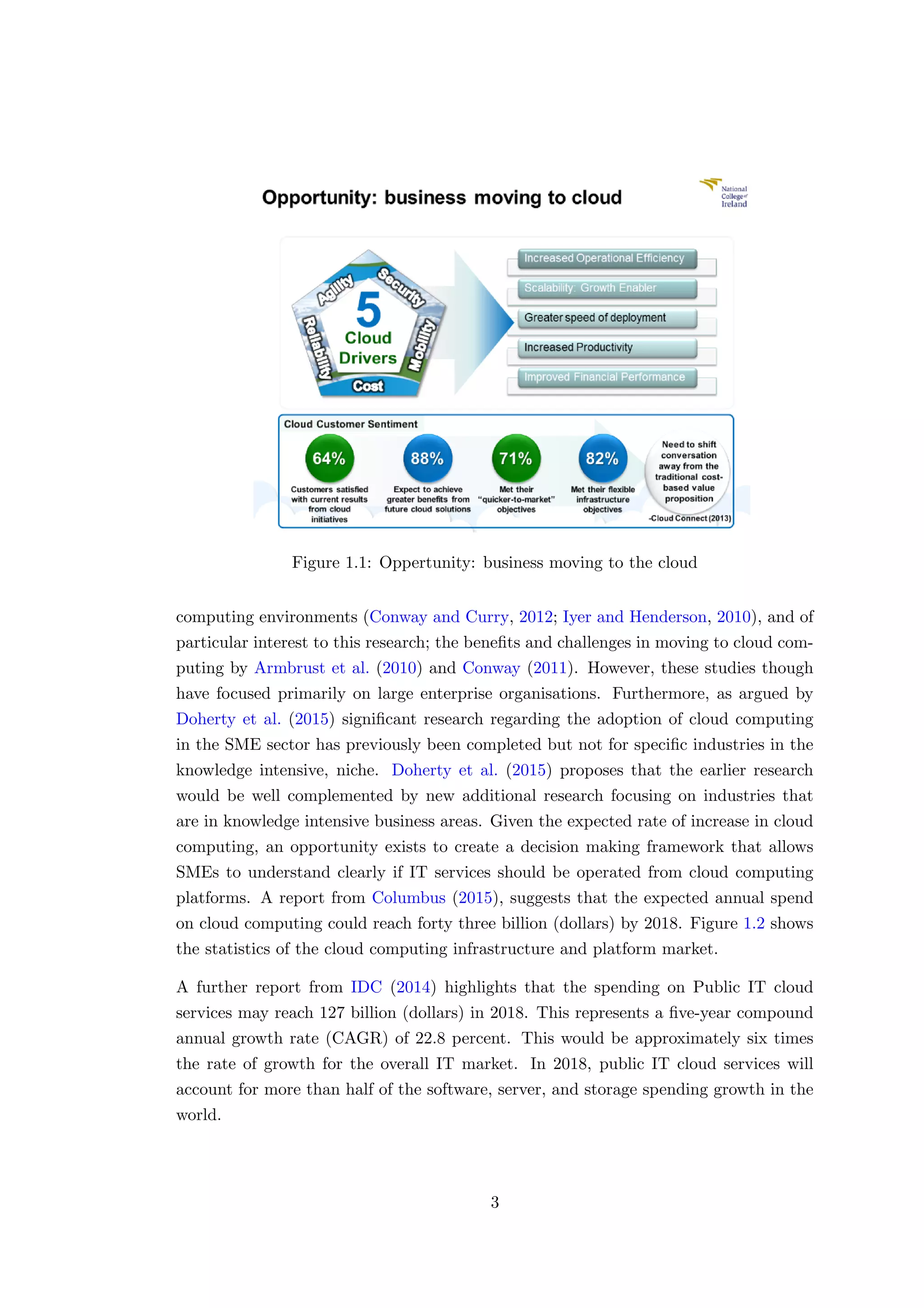 Figure 1.1: Oppertunity: business moving to the cloud
computing environments (Conway and Curry, 2012; Iyer and Henderson, 2010), and of
particular interest to this research; the beneﬁts and challenges in moving to cloud com-
puting by Armbrust et al. (2010) and Conway (2011). However, these studies though
have focused primarily on large enterprise organisations. Furthermore, as argued by
Doherty et al. (2015) signiﬁcant research regarding the adoption of cloud computing
in the SME sector has previously been completed but not for speciﬁc industries in the
knowledge intensive, niche. Doherty et al. (2015) proposes that the earlier research
would be well complemented by new additional research focusing on industries that
are in knowledge intensive business areas. Given the expected rate of increase in cloud
computing, an opportunity exists to create a decision making framework that allows
SMEs to understand clearly if IT services should be operated from cloud computing
platforms. A report from Columbus (2015), suggests that the expected annual spend
on cloud computing could reach forty three billion (dollars) by 2018. Figure 1.2 shows
the statistics of the cloud computing infrastructure and platform market.
A further report from IDC (2014) highlights that the spending on Public IT cloud
services may reach 127 billion (dollars) in 2018. This represents a ﬁve-year compound
annual growth rate (CAGR) of 22.8 percent. This would be approximately six times
the rate of growth for the overall IT market. In 2018, public IT cloud services will
account for more than half of the software, server, and storage spending growth in the
world.
3
 