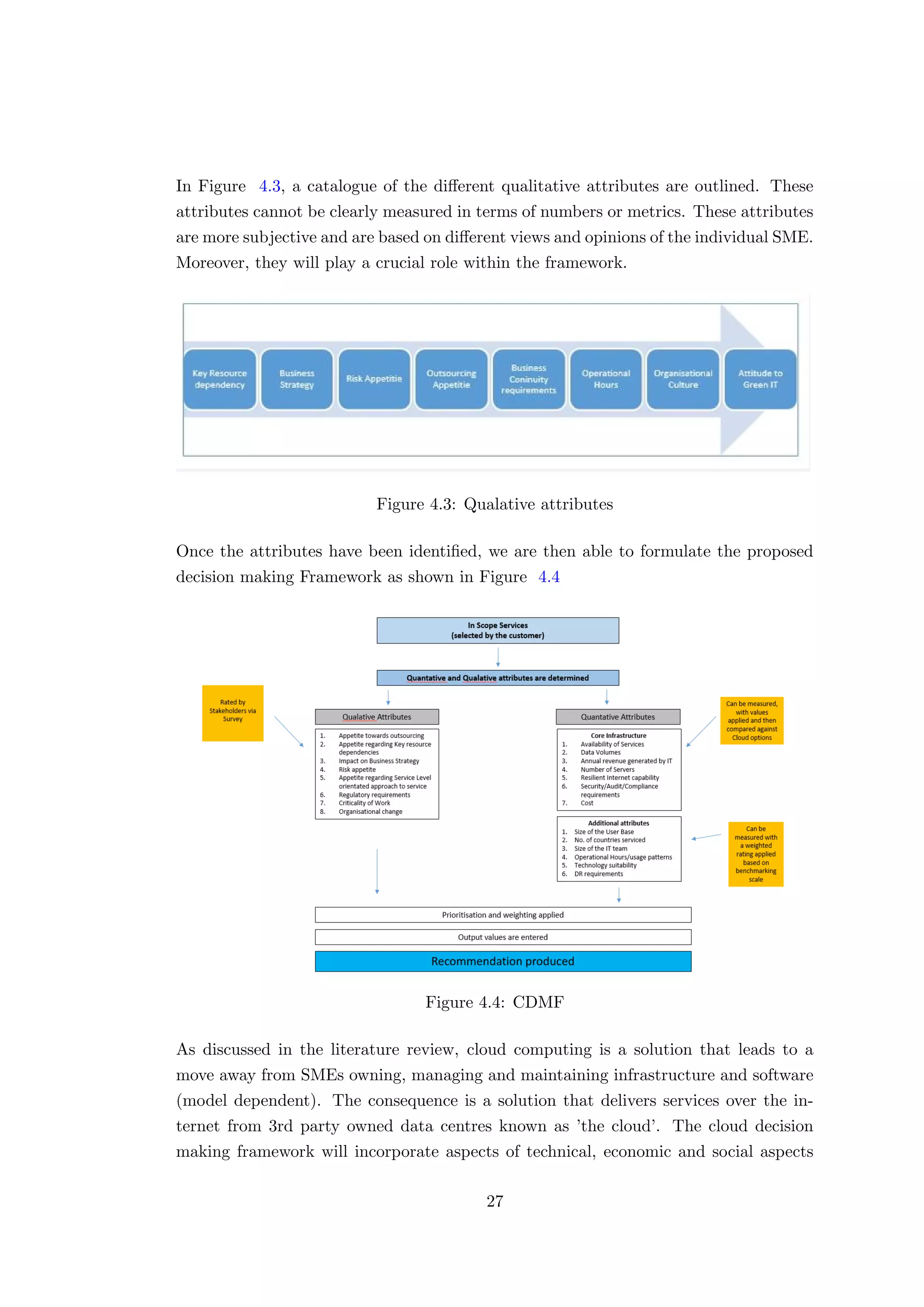 In Figure 4.3, a catalogue of the diﬀerent qualitative attributes are outlined. These
attributes cannot be clearly measured in terms of numbers or metrics. These attributes
are more subjective and are based on diﬀerent views and opinions of the individual SME.
Moreover, they will play a crucial role within the framework.
Figure 4.3: Qualative attributes
Once the attributes have been identiﬁed, we are then able to formulate the proposed
decision making Framework as shown in Figure 4.4
Figure 4.4: CDMF
As discussed in the literature review, cloud computing is a solution that leads to a
move away from SMEs owning, managing and maintaining infrastructure and software
(model dependent). The consequence is a solution that delivers services over the in-
ternet from 3rd party owned data centres known as ’the cloud’. The cloud decision
making framework will incorporate aspects of technical, economic and social aspects
27
 