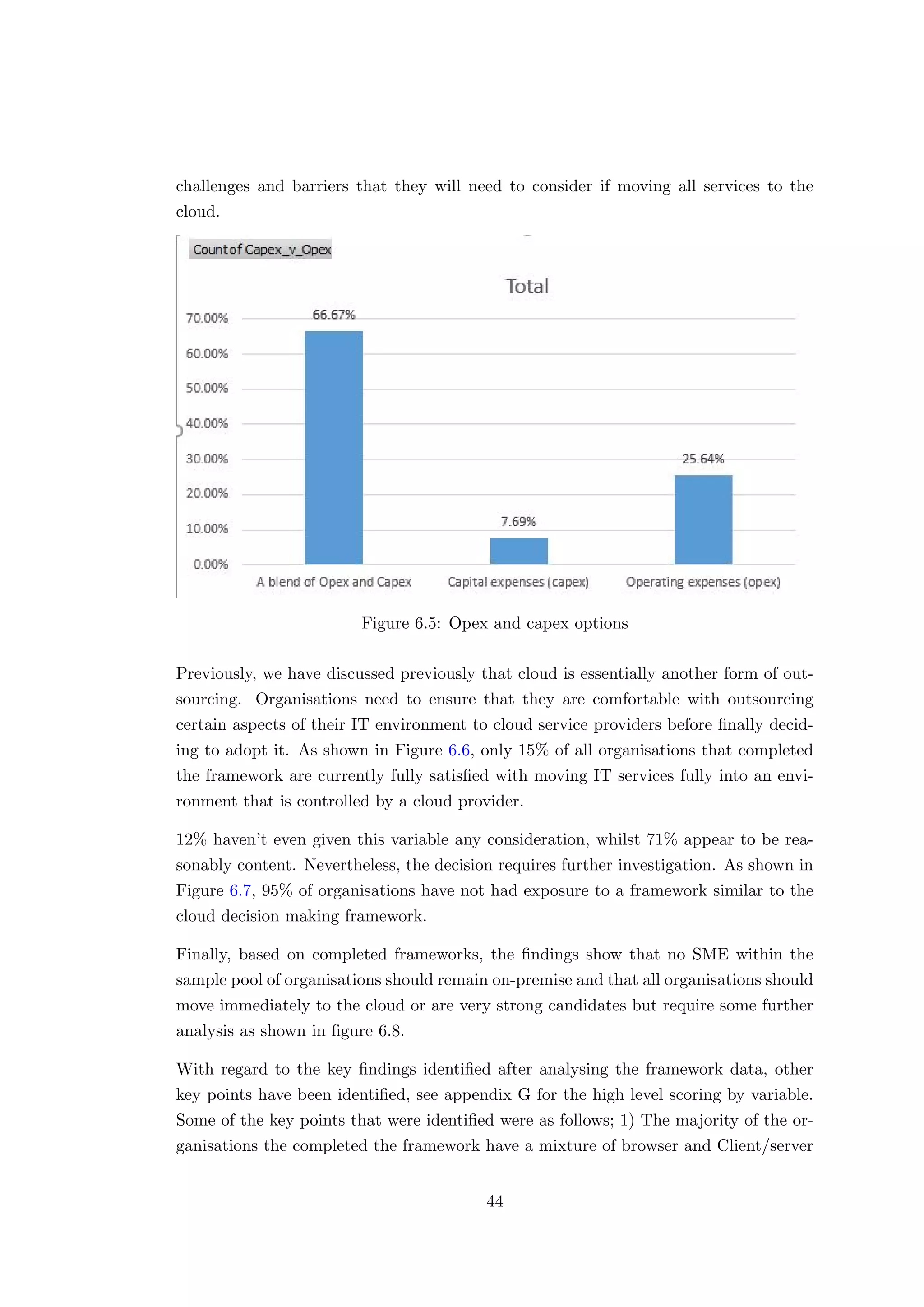 challenges and barriers that they will need to consider if moving all services to the
cloud.
Figure 6.5: Opex and capex options
Previously, we have discussed previously that cloud is essentially another form of out-
sourcing. Organisations need to ensure that they are comfortable with outsourcing
certain aspects of their IT environment to cloud service providers before ﬁnally decid-
ing to adopt it. As shown in Figure 6.6, only 15% of all organisations that completed
the framework are currently fully satisﬁed with moving IT services fully into an envi-
ronment that is controlled by a cloud provider.
12% haven’t even given this variable any consideration, whilst 71% appear to be rea-
sonably content. Nevertheless, the decision requires further investigation. As shown in
Figure 6.7, 95% of organisations have not had exposure to a framework similar to the
cloud decision making framework.
Finally, based on completed frameworks, the ﬁndings show that no SME within the
sample pool of organisations should remain on-premise and that all organisations should
move immediately to the cloud or are very strong candidates but require some further
analysis as shown in ﬁgure 6.8.
With regard to the key ﬁndings identiﬁed after analysing the framework data, other
key points have been identiﬁed, see appendix G for the high level scoring by variable.
Some of the key points that were identiﬁed were as follows; 1) The majority of the or-
ganisations the completed the framework have a mixture of browser and Client/server
44
 