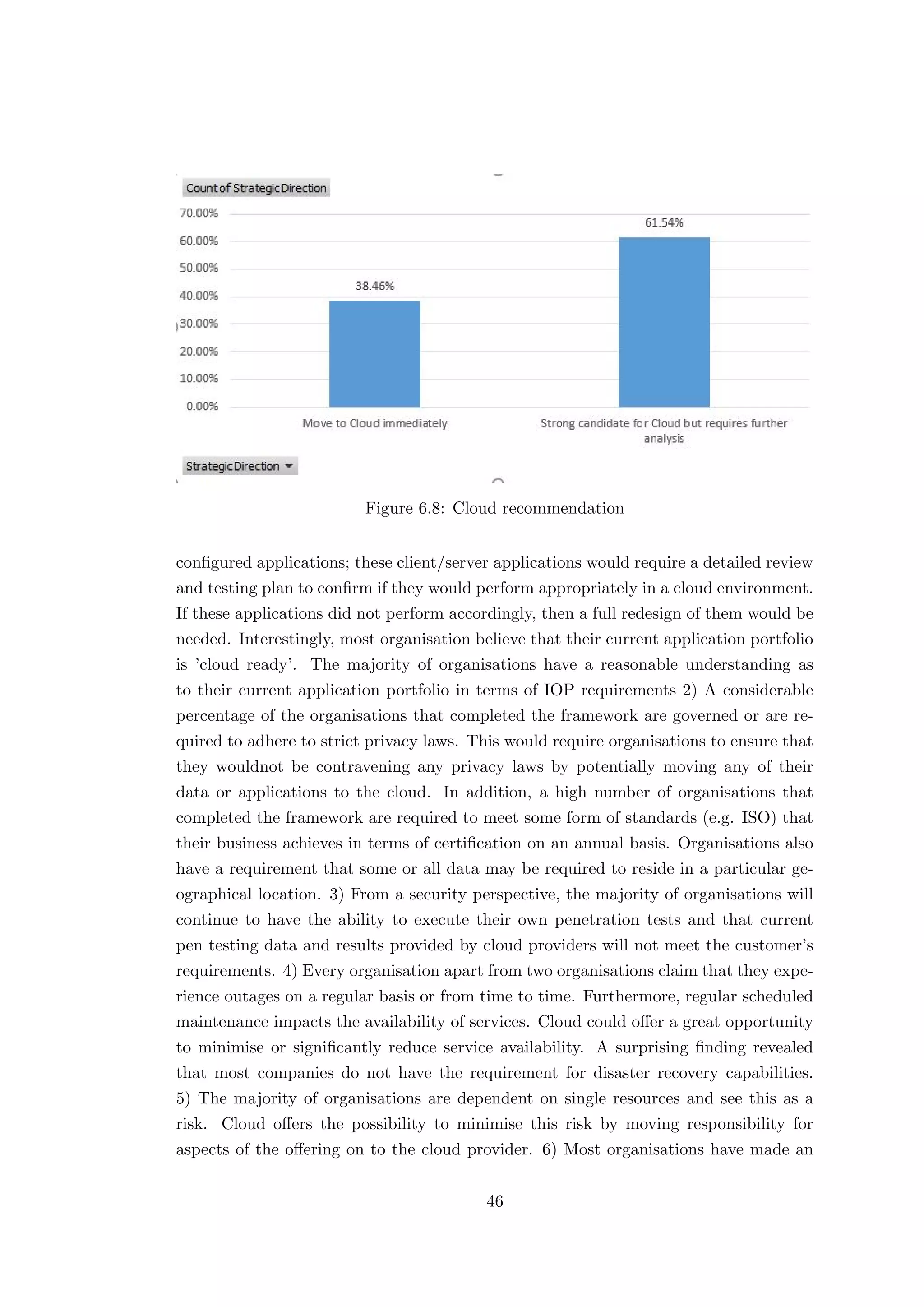 Figure 6.8: Cloud recommendation
conﬁgured applications; these client/server applications would require a detailed review
and testing plan to conﬁrm if they would perform appropriately in a cloud environment.
If these applications did not perform accordingly, then a full redesign of them would be
needed. Interestingly, most organisation believe that their current application portfolio
is ’cloud ready’. The majority of organisations have a reasonable understanding as
to their current application portfolio in terms of IOP requirements 2) A considerable
percentage of the organisations that completed the framework are governed or are re-
quired to adhere to strict privacy laws. This would require organisations to ensure that
they wouldnot be contravening any privacy laws by potentially moving any of their
data or applications to the cloud. In addition, a high number of organisations that
completed the framework are required to meet some form of standards (e.g. ISO) that
their business achieves in terms of certiﬁcation on an annual basis. Organisations also
have a requirement that some or all data may be required to reside in a particular ge-
ographical location. 3) From a security perspective, the majority of organisations will
continue to have the ability to execute their own penetration tests and that current
pen testing data and results provided by cloud providers will not meet the customer’s
requirements. 4) Every organisation apart from two organisations claim that they expe-
rience outages on a regular basis or from time to time. Furthermore, regular scheduled
maintenance impacts the availability of services. Cloud could oﬀer a great opportunity
to minimise or signiﬁcantly reduce service availability. A surprising ﬁnding revealed
that most companies do not have the requirement for disaster recovery capabilities.
5) The majority of organisations are dependent on single resources and see this as a
risk. Cloud oﬀers the possibility to minimise this risk by moving responsibility for
aspects of the oﬀering on to the cloud provider. 6) Most organisations have made an
46
 