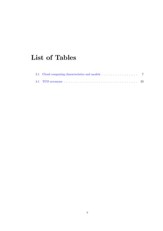 List of Tables
2.1 Cloud computing characteristics and models . . . . . . . . . . . . . . . . 7
4.1 TCO acronyms . . . . . . . . . . . . . . . . . . . . . . . . . . . . . . . . 33
x
 