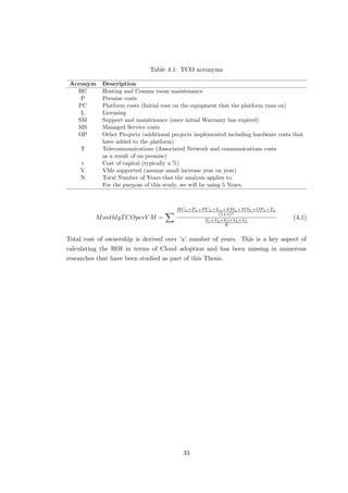 Table 4.1: TCO acronyms
Acronym Description
HC Hosting and Comms room maintenance
P Premise costs
PC Platform costs (Initial cost on the equipment that the platform runs on)
L Licensing
SM Support and maintenance (once initial Warranty has expired)
MS Managed Service costs
OP Other Projects (additional projects implemented including hardware costs that
have added to the platform)
T Telecommunications (Associated Network and communications costs
as a result of on-premise)
r Cost of capital (typically a %)
V VMs supported (assume small increase year on year)
N Total Number of Years that the analysis applies to.
For the purpose of this study, we will be using 5 Years.
MonthlyTCOperV M =
HCn+Pn+PCn+Ln+SMn+MSn+OPn+Tn
(1+r)n
V1+V2+V3+V4+V5
N
(4.1)
Total cost of ownership is derived over ’x’ number of years. This is a key aspect of
calculating the ROI in terms of Cloud adoption and has been missing in numerous
researches that have been studied as part of this Thesis.
33
 