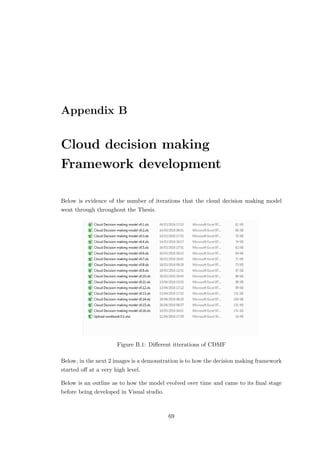 Appendix B
Cloud decision making
Framework development
Below is evidence of the number of iterations that the cloud decision making model
went through throughout the Thesis.
Figure B.1: Diﬀerent itterations of CDMF
Below, in the next 2 images is a demonstration is to how the decision making framework
started oﬀ at a very high level.
Below is an outline as to how the model evolved over time and came to its ﬁnal stage
before being developed in Visual studio.
69
 