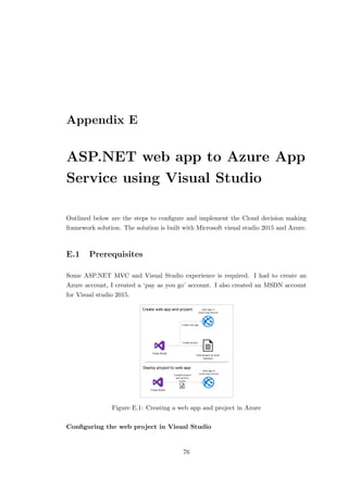 Appendix E
ASP.NET web app to Azure App
Service using Visual Studio
Outlined below are the steps to conﬁgure and implement the Cloud decision making
framework solution. The solution is built with Microsoft visual studio 2015 and Azure.
E.1 Prerequisites
Some ASP.NET MVC and Visual Studio experience is required. I had to create an
Azure account, I created a ‘pay as you go’ account. I also created an MSDN account
for Visual studio 2015.
Figure E.1: Creating a web app and project in Azure
Conﬁguring the web project in Visual Studio
76
 