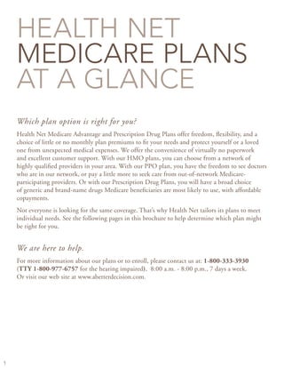 HEALTH NET
MEDICARE PLANS
AT A GLANCE
Which plan option is right for you?
Health Net Medicare Advantage and Prescription Drug Plans offer freedom, flexibility, and a
choice of little or no monthly plan premiums to fit your needs and protect yourself or a loved
one from unexpected medical expenses. We offer the convenience of virtually no paperwork
and excellent customer support. With our HMO plans, you can choose from a network of
highly qualified providers in your area. With our PPO plan, you have the freedom to see doctors
who are in our network, or pay a little more to seek care from out-of-network Medicare-
participating providers. Or with our Prescription Drug Plans, you will have a broad choice
of generic and brand-name drugs Medicare beneficiaries are most likely to use, with affordable
copayments.
Not everyone is looking for the same coverage. That’s why Health Net tailors its plans to meet
individual needs. See the following pages in this brochure to help determine which plan might
be right for you.
We are here to help.
For more information about our plans or to enroll, please contact us at: 1-800-333-3930
(TTY 1-800-977-6757 for the hearing impaired), 8:00 a.m. - 8:00 p.m., 7 days a week.
Or visit our web site at www.abetterdecision.com.
 