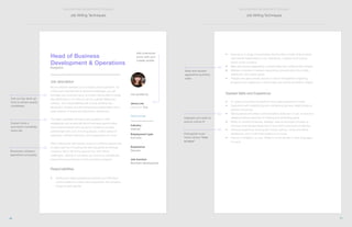 11
THE STAFFING RECRUITER’S TOOLBOX
10
THE STAFFING RECRUITER’S TOOLBOX
Job description
Be the vital link between your company and its partners. As
a Business Development & Operations Manager, you will
leverage your business savvy and deal-making skills to target
key distributors in our effort to set up a global distribution
network. Your responsibilities will include defining key
distribution markets and driving business relationships with a
wide network of mobile and electronics distributors.
The ideal candidate will have a strong ability to think
strategically and analytically about business opportunities,
and a demonstrated track record of cultivating complex
partnerships with a lot of moving pieces. A keen sense of
ownership, efficient execution, and scrappiness is a must.
We’re offering the right person a once in a lifetime opportunity
to play a key role in building the next big global technology
company. We’re still at the ground floor, with infinite
challenges. Getting in now gives you access to dramatically
impact the future direction of this promising company.
Responsibilities
•	 Identify and target prospective partners and effectively
communicate the unique value proposition the company
brings to each partner.
Head of Business
Development & Operations
Bangalore
Job posted by
Jenna Lee
Shenzhen City
Send Inmail
Industry
Internet
Employment type
Full-time
Experience
Director
Job function
Business development
Call out key skills up-
front to attract quality
candidates
Explain what a
successful candidate
looks like
Showcase company
aspirations and goals
Meet and exceed
aggressive quarterly
sales
Add a personal
touch with your
LinedIn profile
Highlight soft-skills to
ensure culture fit
Distinguish must-
haves versus “nice
to have”
Job Writing Techniques Job Writing Techniques
•	 Execute on a range of partnership opportunities in India while working
with internal stakeholders in the Operations, Logistics and Finance
teams at the company.
•	 Meet and exceed aggressive quarterly sales and market growth targets.
•	 Maintain a rolodex of relevant networking contacts within the mobile
distribution and carrier space.
•	 Prepare and give periodic reports to senior management regarding
progress and roadblocks in hitting sales and market penetration targets.
Desired Skills and Experience
•	 8+ years of business development and sales experience in India.
•	 Experience with establishing and maintaining business relationships at
partner companies.
•	 Strong verbal and written communications skills are a must, as well as a
deeply proactive approach to meeting and exceeding goals.
•	 Ability to combine business, strategy, finance and legal concepts to
structure multi-faceted deals and to work with a spectrum of partners.
•	 Previous experience working with mobile carriers, online and offline
distributors, and e-commerce platforms is a plus.
•	 Fluency in English is a must. Ability to communicate in other languages
is a plus.
 