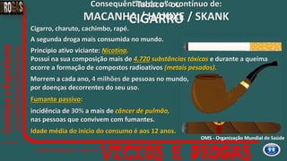 Consequências do uso contínuo de:
MACANHA / HAXIXE / SKANK
Cigarro, charuto, cachimbo, rapé.
A segunda droga mais consumida no mundo.
Principio ativo viciante: Nicotina.
Possui na sua composição mais de 4.720 substâncias tóxicas e durante a queima
ocorre a formação de compostos radioativos (metais pesados).
Morrem a cada ano, 4 milhões de pessoas no mundo,
por doenças decorrentes do seu uso.
Fumante passivo:
incidência de 30% a mais de câncer de pulmão,
nas pessoas que convivem com fumantes.
Idade média do inicio do consumo é aos 12 anos.
“Tabaco” ou
CIGARRO
OMS - Organização Mundial de Saúde
 