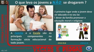 A Família e a Escola são os
principais componentes na
formação sócio educacional de
todo jovem.
O primeiro lugar onde o jovem deve
ser educado é no seu lar.
É dever da família promover a
educação moral e religiosa.
ENSINA EDUCA
O que leva os jovens a NÃO se drogarem ?
43 / 47
 