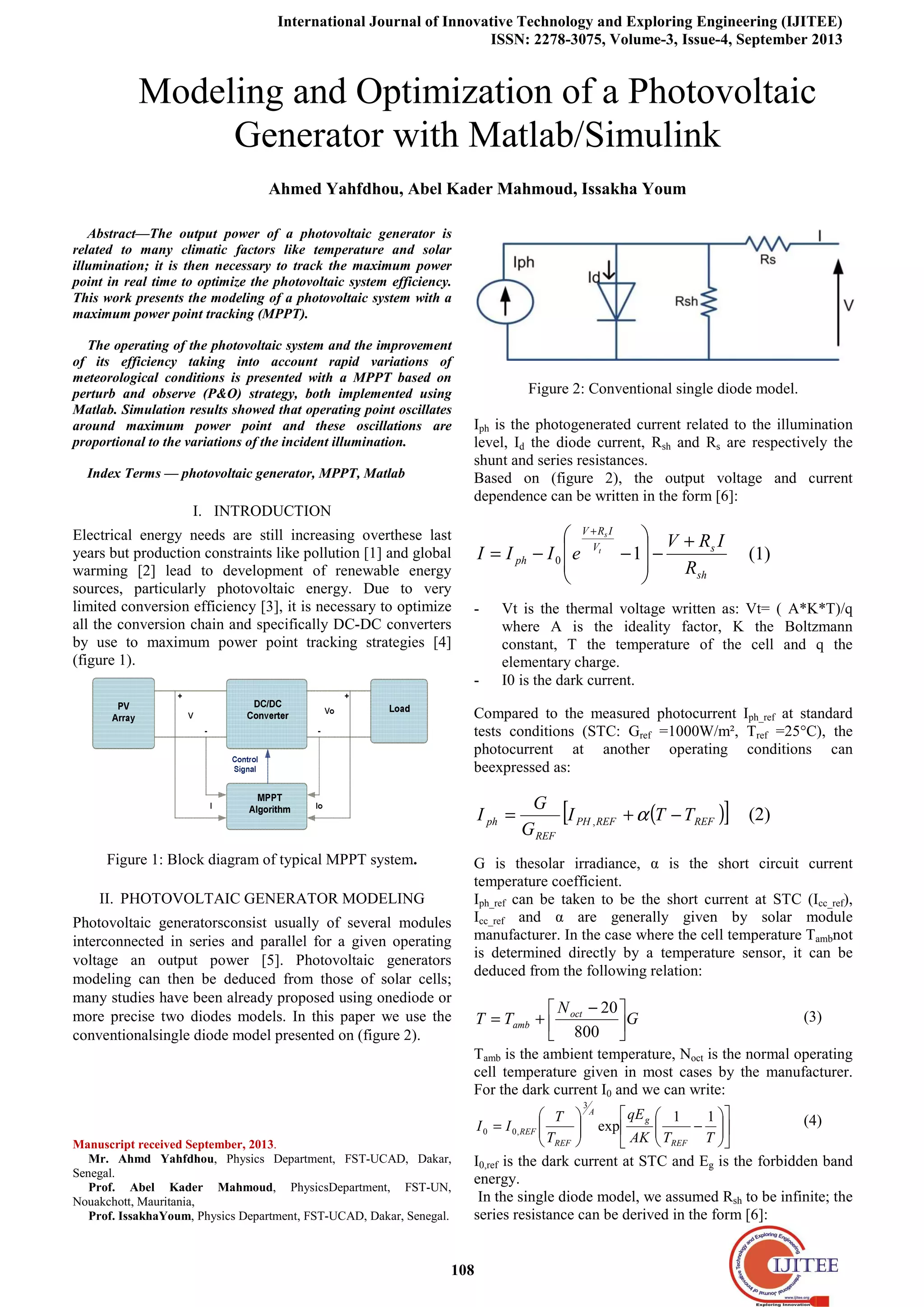 Modeling and Optimization of a Photovoltaic Generator with Matlab ...