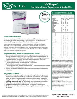 Vi-Shape                       MD



                                                                                               Nutritional Meal Replacement Shake Mix

                                                                                                                                                              DONNÉES NUTRITIONNELLES
                                                                                                                                                              Portion : 2 mesures combles
                                                                                                                                                              		                                  Avec 300 ml	 % Valeur
                                                                                                                                 Produit certifié             Ingrédient	              Quantité 	 de Lait 1% 	 quotidienne
                                                                                                                                    casher.                   Calories 	                110	 (460)	 240	 (1004)
                                                                                                                                                               Calories des gras 	        20		        47
                                                                                                                                                              Gras	                     2,5	 g	      5,5 	 g
                                                                                                                                                              Acide linoléique	         900	 mg	 900	 mg
                                                                                                                                                              Acide linoléique (n-3)	   100	 mg	 100	 mg
                                                                                                                                                              Saturé	                      0	g	        2	g
                                                                                                                                                              Cholestérol	                15	mg	 30	mg
                                                                                                                                                              Glucides	                    9 	 g	     24	 g
                                                                                                                                                              Fibres	                   1,5 	 g	     1,5	 g
                                                                                                                                                              Sucre	                    <1 	 g	       16	 g
                                                                                                                                                              Sodium	                   125 	 mg	 261	 mg
                                                                                                                                                              Potassium	                151 	 g	    615	 mg
                                                                                                                                                              Protéines	                  12 	 g	     22	 g
                                                                                                                                                              Vitamine A	               225 	 ER	   408	 ER	         40%
                                                                                                                                                              Vitamine D	                  0		      3.,3	 mcg	       66%
                                                                                                                                                              Vitamine E	                  5	 mg	      5	 mg	        50%
                                                                                                                                                              Vitamine C	                 18	 mg	     18	 mg	        30%
     Du fast food version santé                                                                                                                               Thiamine	                0,45	 mg	 0,5	 mg	            38%
                                                                                                                                                              Riboflavine	              0,5	 mg	       1	 mg	        62%
     Limiter ses calories tout en s’alimentant bien est parfois difficile, coûteux et nécessite                                                               Niacine 	                    6	 NE	    8,3	 NE	        36%
                                                                                                                                                              Vitamine B6	              0,6	 mg	 0,7	 mg	            38%
     un temps fou. Vi-ShapeMD vous propose le repas minute idéal qui peut vous faire                                                                          Folate	                   120	 mcg	 135	 mcg	          61%
     économiser ET vous procurer les bienfaits d’une nutrition hors pair.                                                                                     Vitamine B12	             0,6	 mcg	      2	 mcg	      100%
                                                                                                                                                              Acide Pantothénique 	     2,5	 mg	 3,5	 mg	            50%
     Pour préparer un repas, mélangez 2 mesures combles du mélange à lait frappé                                                                              Biotine	                    90	 mcg	 90	 mcg	          33%
                                                                                                                                                              Calcium	                  300	 mg	 668	 mg	            67%
     Vi-ShapeMD dans du lait écrémé ou du lait de soja. Mélangez-le à de l’eau pour une                                                                       Phosphore	                300	 mg	 594	 mg	            54%
     collation protéinée. Pour plus de la saveur et de nutriments, ajoutez-y des fruits frais,                                                                Magnésium 	               120	 mg	 154	 mg	            62%
                                                                                                                                                              Fer 	                     4,8	 mg	 4,8	 mg	            34%
     surgelés ou en conserve. Essayez aussi nos ajouts ShaperMC Flavour Mix-Ins de ViSalus                                                                    Zinc	                     4,5	 mg	 5,7	 mg	            63%
     pour encore plus de saveur et de nutrition.                                                                                                              Iodine	                     45	 mcg	 45	 mcg	          30%
                                                                                                                                                              Sélénium 	               0,02	 mg	 0,03	 mg	           60%
                                                                                                                                                              Cuivre	                   0,6	 mg	 0,6	 mg	            30%
                                                                                                                                                              Manganèse	                   1	 mg	      1	 mg	        50%
     Pourquoi notre lait frappé est-il supérieur aux autres?                                                                                                  Chrome	                  0,02	 mg	 0,02	 mg	           16%
       1.	 C’est un mélange incomparable, concentré de protéines qui ont été transformées                                                                     Molybdène	              0,021	 mg	 0,021	 mg	          28%
           afin d’en retirer le gras, le lactose, les glucides et les isoflavones. Mélangé à du lait                                                          *Le pourcentage des valeurs quotidiennes est fondé sur un régime de
           ou du lait de soja, notre lait frappé fournit de 20 à 22 grammes de protéines, soit la                                                             2 000 calories. Vos valeurs quotidiennes sont peut-être plus élevées
                                                                                                                                                              ou plus faibles selon vos besoins caloriques :
           combinaison idéale pour brûler les graisses et accroître la masse musculaire.
                                                                                                                                                              Autres ingrédients : Isolat De Protéines De Soya, Maltodextrine,
       2.	 Faible en sel, encore plus faible que les autres marques!                                                                                          Protéines De Petit-Lait Hydrolysat, Concentré De Protéines De Petit-
       3.	 Contient une portion de calcium pour asurer la santé des os.                                                                                       Lait, Lécithine De Soya, Son De Maïs, Phosphate Bicalcique, Huile De
       4.	 Contient des fibres végétales, flatulences en moins.                                                                                               Tournesol, Saveurs Naturelles Et Artificielles, Triglycérides À Chaîne
       5.	 Contient des stimulants et des enzymes digestives, y compris des prébiotiques pour                                                                 Moyenne (Huile De Coco) Gomme Arabique, Gomme Xanthane,
                                                                                                                                                              Hydrogénophosphate De Magnésium, Hydroxyde De Magnésium,
           optimiser l’absorption des nutriments.                                                                                                             Hydrogénophosphate De Dipotassium, Sucralose, Bromelaïne,
       6.	 Il sent et goûte le mélange à gâteau! Pas de texture farineuse! Pas d’arrière-goût                                                                 Papaïne, Acide Ascorbique, Acétate De Vitamine E, Produit De
           métallique.                                                                                                                                        Chélation De Chrome Et De Protéine Végétale Hydrolysée, Produit De
                                                                                                                                                              Chélation De Molybdène Et De Protéine Végétale Hydrolysée, Produit
                                                                                                                                                              De Chélation De Sélénium Et De Protéine Végétale Hydrolysée,
     Que contient Vi-ShapeMD?                                                                                                                                 Niacinamide, Palmitate De Vitamine A, Oxyde De Zinc, Gluconate
       1.	 Il s’agit d’un mélange exceptionnel de protéines qui agissent rapidement                                                                           De Cuivre,Sulfate De Manganèse, Fumarate Ferreux, Panthothénate
                                                                                                                                                              De Calcium, Pyrodoxide Hydrochloride, Mononitrate De Thiamine,
           dans le corps et lui procurent une nutrition de longue durée pour aider à                                                                          Riboflavine, Iodure De Potassium, Acide Folique, Biotine Et
           brûler les graisses et à accroître la masse musculaire maigre. Chaque lait                                                                         Cyanocobalamine
           frappé renferme un plan de repas pour vous aider à atteindre vos objectifs.                                                                        Contient : lait de vache et de soya
       2.	 Protéines de soja sans OGM qui favorisent un cœur en santé (pas d’isoflavones)                                                                     Mention sur les allergènes : Ce produit est fabriqué à partir
       3.	 Fibersol , un nouvel ingrédient qui favorise la santé (5,5 grammes).
                           MC
                                                                                                                                                              d’équipement qui transforme des produits contenant lait, œufs, fèves
       4.	 Enzymes pour aider votre corps à maximiser son absorption des protéines.                                                                           de soja, blé, mollusques et crustacés, huile de poisson, noix et des
                                                                                                                                                              saveurs à base de beurre d’arachides.
       5.	 23 vitamines et minéraux, ainsi que d’autres ingrédients qui vous aident à brûler
                                                                                                                                                              **Valeur quotidienne (VQ) non établie.
            les graisses.




Ces énoncés n’ont pas fait l’objet d’un examen par la Food and Drug Administration. Ces produits ne visent pas à diagnostiquer, traiter, guérir ou prévenir   COMMANDEZ-LE SANS TARDER
les maladies. ©2012 ViSalus Tous droits réservés. 1607 E. Big Beaver Rd. Ste 110, Troy, MI 48083 • 877-VISALUS • ca.visalus.com • D1208CAFR-00                                CA.VISALUS.COM
 
