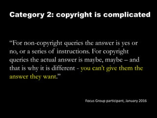 Category 2: copyright is complicated
“For non-copyright queries the answer is yes or
no, or a series of instructions. For copyright
queries the actual answer is maybe, maybe – and
that is why it is different - you can’t give them the
answer they want.”
Focus Group participant, January 2016
 