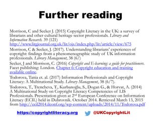 Further reading
Morrison, C and Secker J. (2015) Copyright Literacy in the UK: a survey of
librarians and other cultural heritage sector professionals. Library and
Information Research. 39 (121)
http://www.lirgjournal.org.uk/lir/ojs/index.php/lir/article/view/675
Morrison, C & Secker, J. (2017). Understanding librarians’ experiences of
copyright: findings from a phenomenographic study of UK information
professionals. Library Management, 38 (6/)
Secker, J and Morrison, C. (2016) Copyright and E-learning: a guide for practitioners.
Facet publishing: London. Chapter 6: Copyright education and training
available online.
Todorova, Tania et. al. (2017) Information Professionals and Copyright
Literacy: A Multinational Study. Library Management, 38 (6/7).
Todorova, T., Trencheva, T., Kurbanoğlu, S., Dogan G., & Horvat, A. (2014)
A Multinational Study on Copyright Literacy Competencies of LIS
Professionals. Presentation given at 2nd European Conference on Information
Literacy (ECIL) held in Dubrovnik. October 2014. Retrieved March 13, 2015
from http://ecil2014.ilconf.org/wp-content/uploads/2014/11/Todorova.pdf
https://copyrightliteracy.org @UKCopyrightLit
 