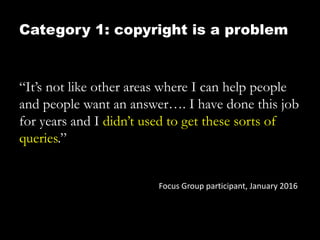 Category 1: copyright is a problem
“It’s not like other areas where I can help people
and people want an answer…. I have done this job
for years and I didn’t used to get these sorts of
queries.”
Focus Group participant, January 2016
 