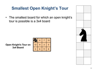 Smallest Open Knight’s Tour 
• The smallest board for which an open knight’s 
tour is possible is a 3x4 board 
11 
1 4 7 10 
12 9 2 5 
3 6 11 8 
Open Knight’s Tour on 
3x4 Board 
1 
 