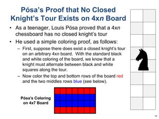 Pósa’s Proof that No Closed 
Knight’s Tour Exists on 4xn Board 
• As a teenager, Louis Pósa proved that a 4xn 
chessboard has no closed knight’s tour 
• He used a simple coloring proof, as follows: 
– First, suppose there does exist a closed knight’s tour 
on an arbitrary 4xn board. With the standard black 
and white coloring of the board, we know that a 
knight must alternate between black and white 
squares along the tour. 
– Now color the top and bottom rows of the board red 
and the two middles rows blue (see below). 
15 
Pósa’s Coloring 
on 4x7 Board 
 