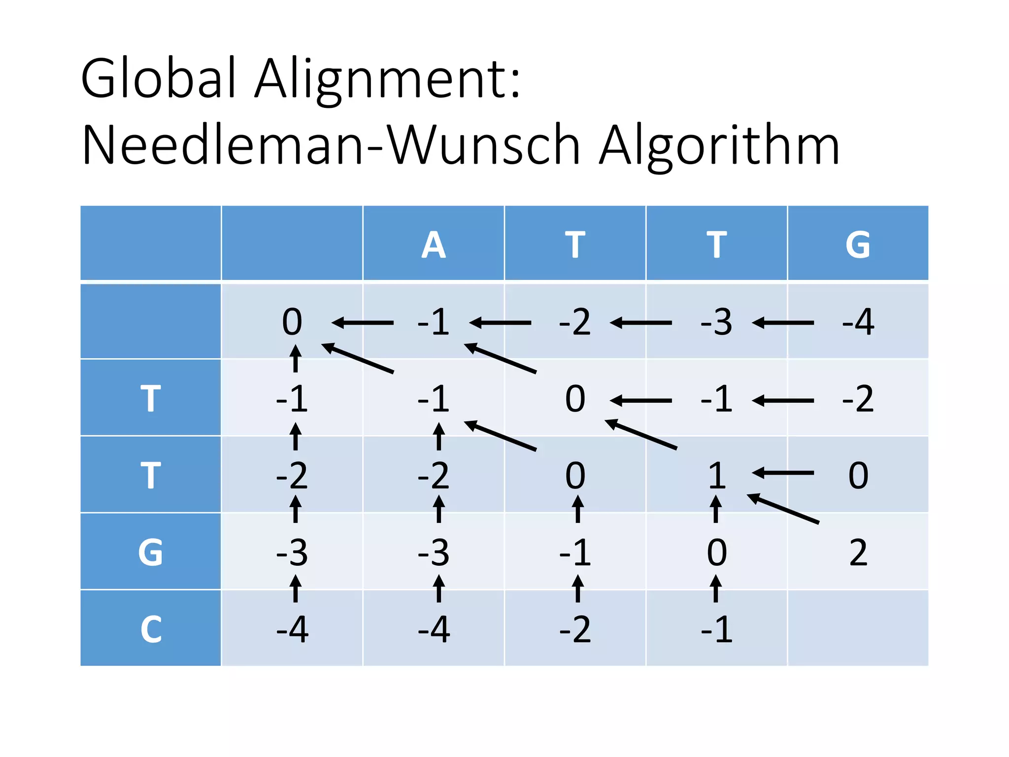 Global Alignment:
Needleman-Wunsch Algorithm
A T T G
0 -1 -2 -3 -4
T -1 -1 0 -1 -2
T -2 -2 0 1 0
G -3 -3 -1 0 2
C -4 -4 -2 -1
 
