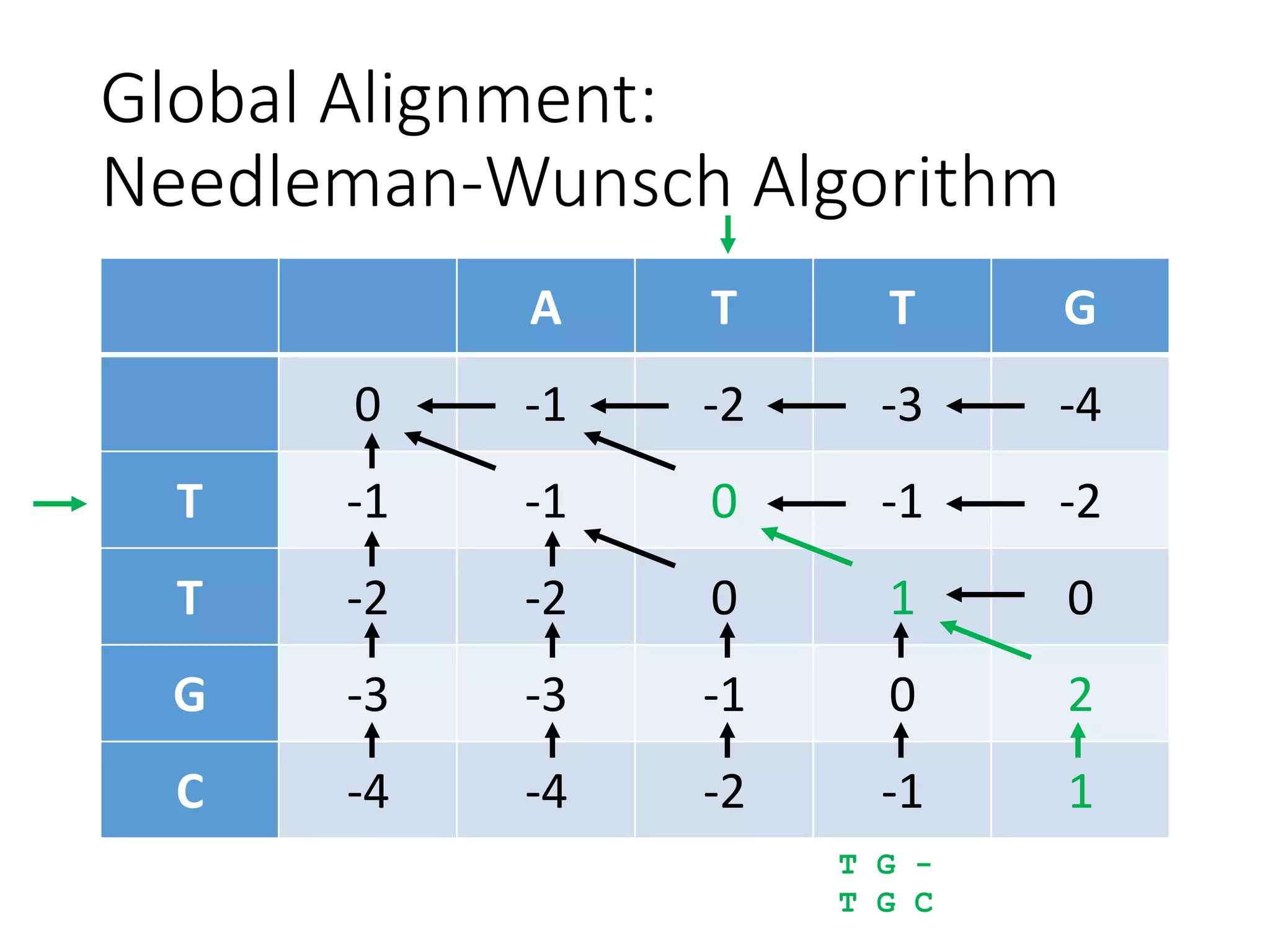 Global Alignment:
Needleman-Wunsch Algorithm
A T T G
0 -1 -2 -3 -4
T -1 -1 0 -1 -2
T -2 -2 0 1 0
G -3 -3 -1 0 2
C -4 -4 -2 -1 1
T G -
T G C
 