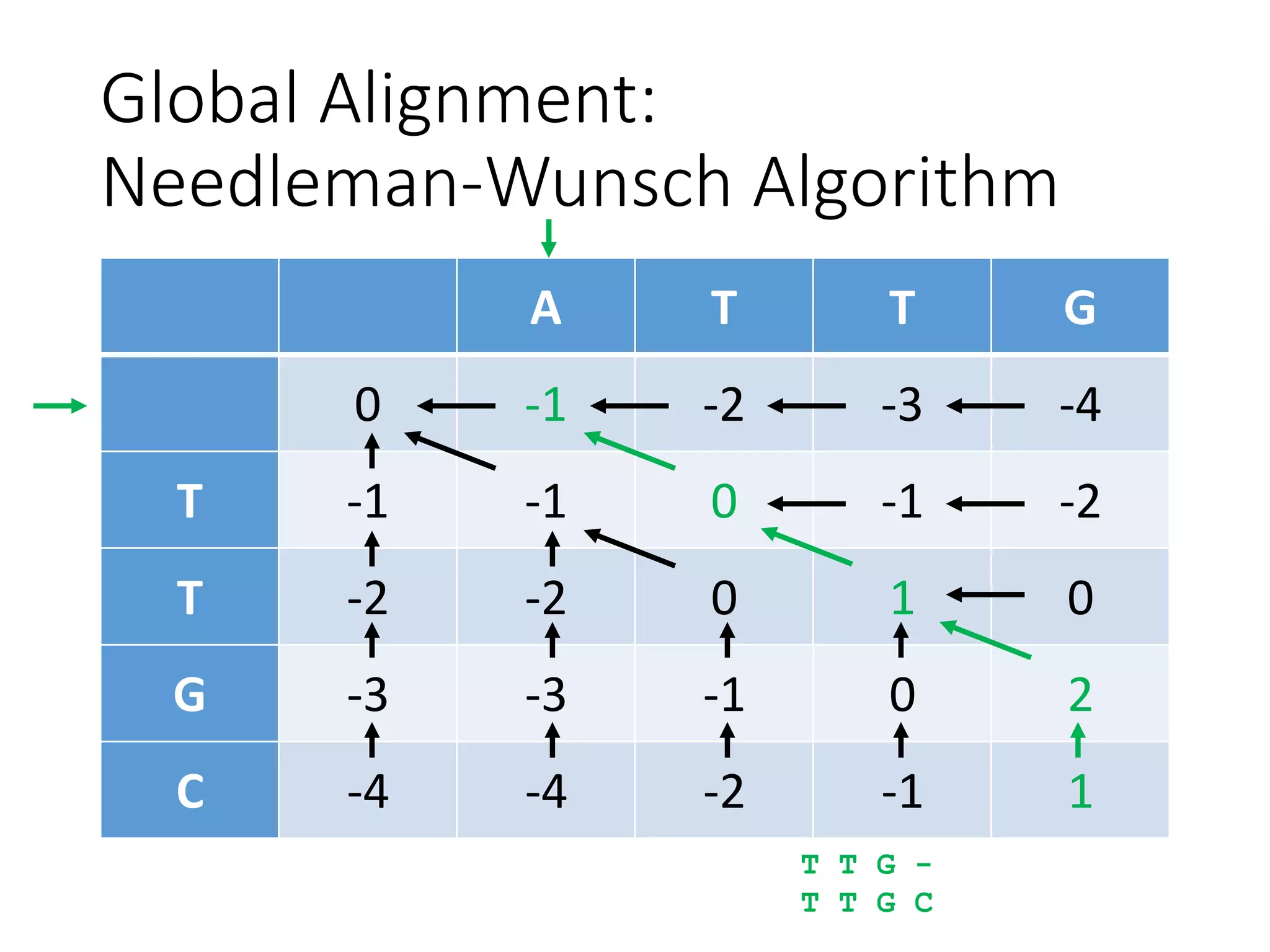 Global Alignment:
Needleman-Wunsch Algorithm
A T T G
0 -1 -2 -3 -4
T -1 -1 0 -1 -2
T -2 -2 0 1 0
G -3 -3 -1 0 2
C -4 -4 -2 -1 1
T T G -
T T G C
 