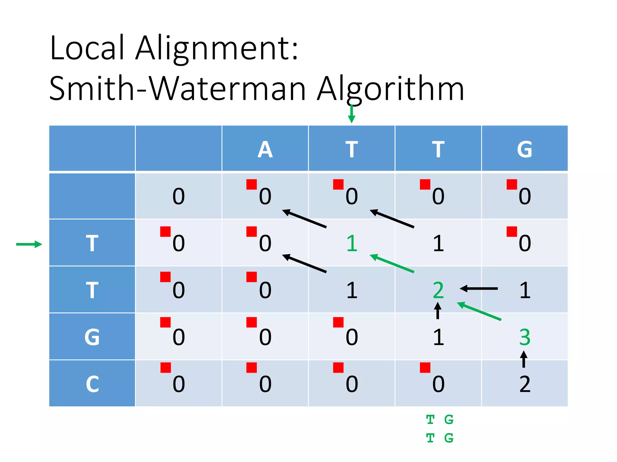 Local Alignment:
Smith-Waterman Algorithm
A T T G
0 0 0 0 0
T 0 0 1 1 0
T 0 0 1 2 1
G 0 0 0 1 3
C 0 0 0 0 2
T G
T G
 
