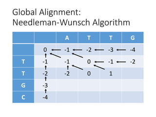 Global Alignment:
Needleman-Wunsch Algorithm
A T T G
0 -1 -2 -3 -4
T -1 -1 0 -1 -2
T -2 -2 0 1
G -3
C -4
 