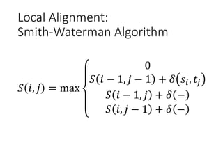 Local Alignment:
Smith-Waterman Algorithm
𝑆𝑆 𝑖𝑖, 𝑗𝑗 = max
0
𝑆𝑆 𝑖𝑖 − 1, 𝑗𝑗 − 1 + 𝛿𝛿 𝑠𝑠𝑖𝑖, 𝑡𝑡𝑗𝑗
𝑆𝑆 𝑖𝑖 − 1, 𝑗𝑗 + 𝛿𝛿 −
𝑆𝑆 𝑖𝑖, 𝑗𝑗 − 1 + 𝛿𝛿 −
 